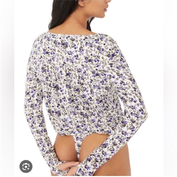 Free People Floral Bodysuit in Blue and White - Picture 3 of 10